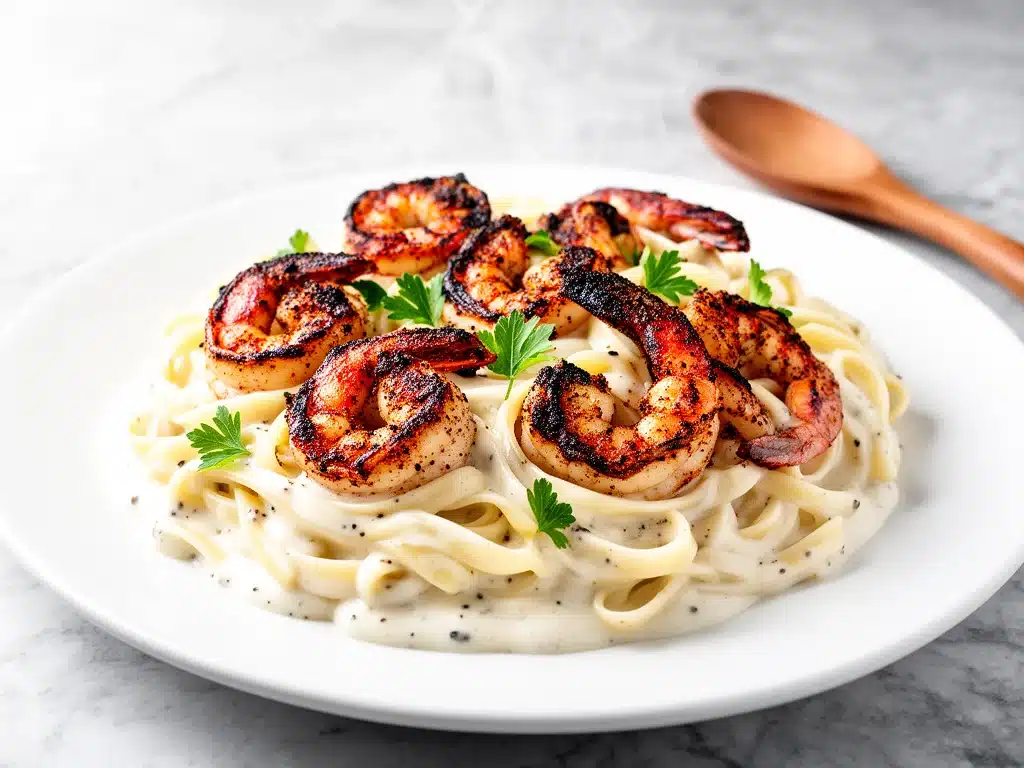 blackened shrimp alfredo - featured image