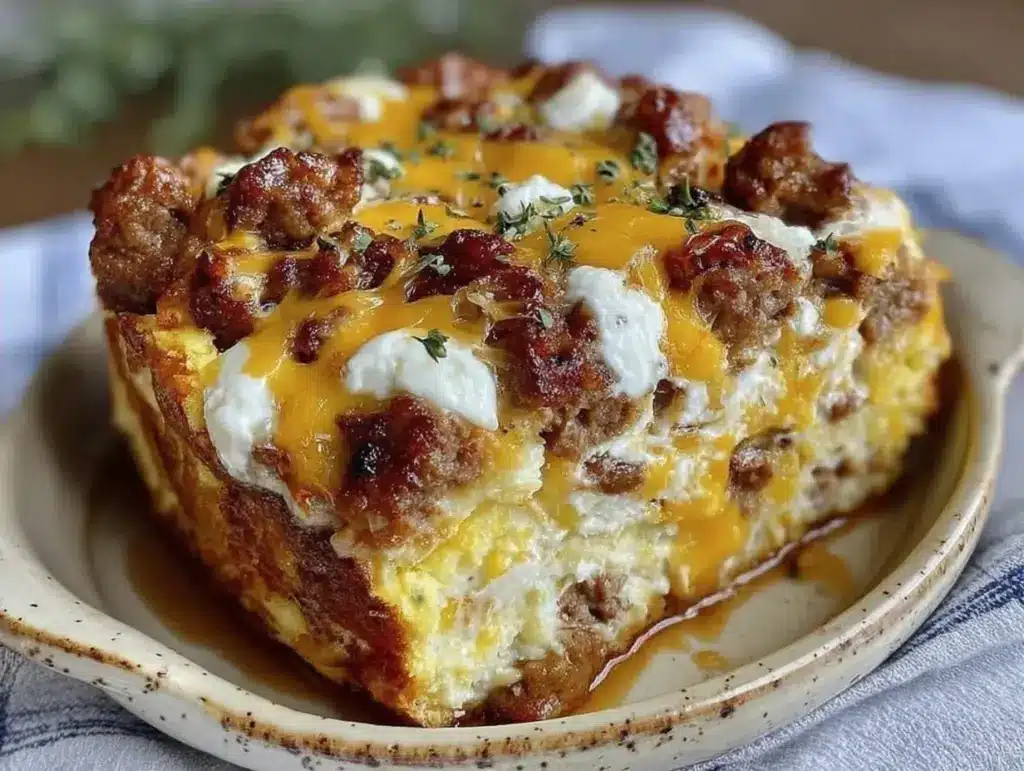 cheesy sausage and egg breakfast casserole - featured image