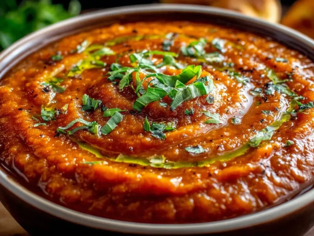 creamy roasted tomato basil soup - featured image