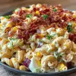 creamy southern style pasta salad with bacon - featured image