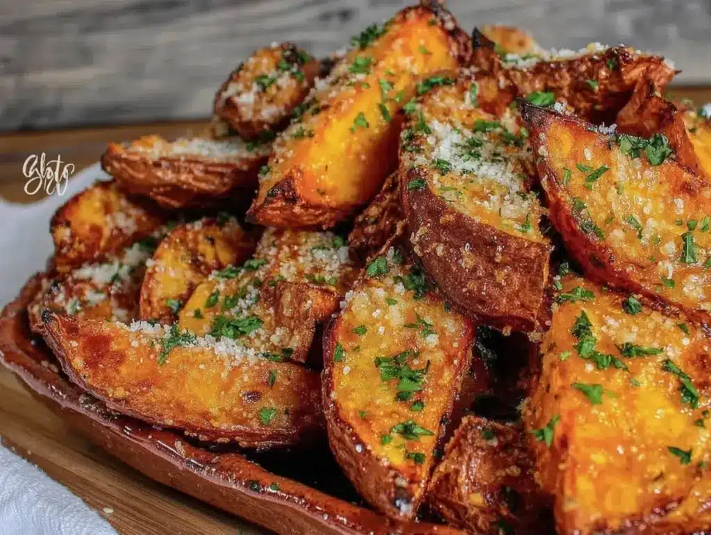 garlic parmesan roasted sweet potato wedges - featured image