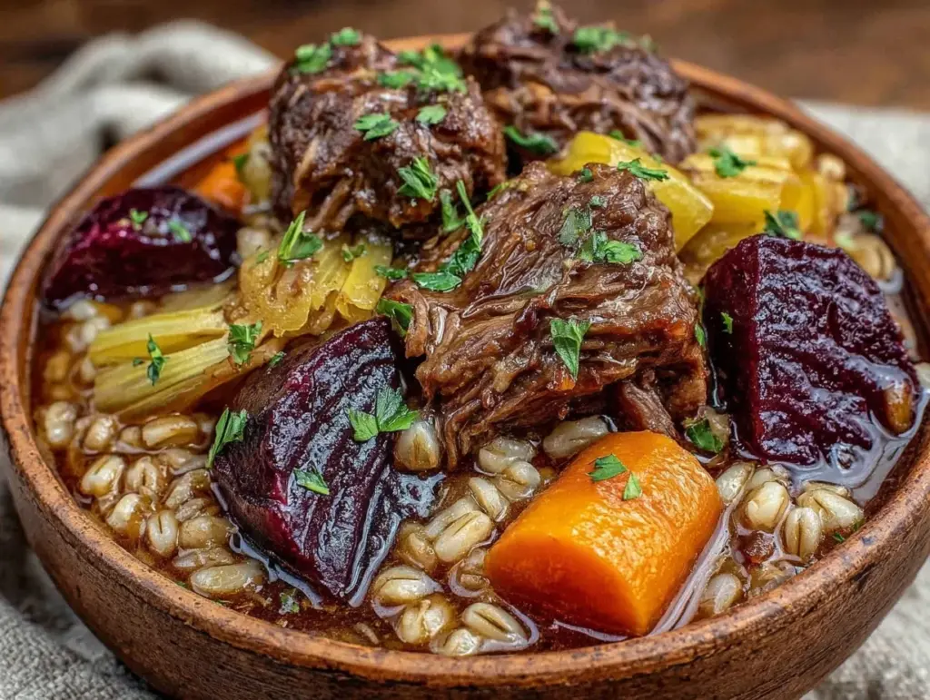 slow cooker beef and barley stew - featured image